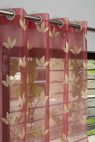 Image of IVAZA Polyester Semi-Transparent Leaf Embroidered Curtain ? Sheer Voile Panel with Eyelets ? Lightweight & Airy ? Ideal for Living Room, Bedroom, Balcony Door- 7 Feet (Pack of 1) Pink