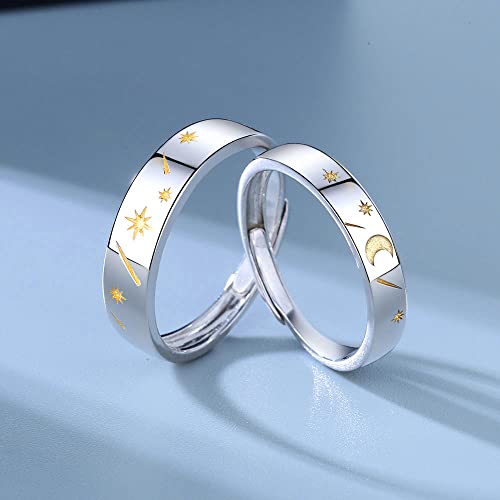MIKAMU Star Moon Couple Rings 925 Sterling Silver Adjustable Open Rings Engagement Pair Rings Rings for Men Rings for Women Wedding Promise Engagement Anniversary Ring4