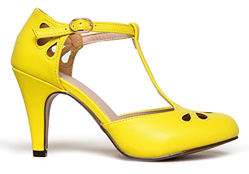 J. Adams Pepper Mary Janes - Cutout Kitten Heel Retro T Strap Pumps - Lemon Vegan Leather - 8.5 #TOP1