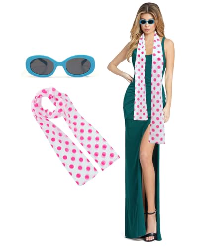 LIXNRECE Women’s Costume Pink Polka Dot Scarf and Blue Glasses for Halloween Cosplay Costume