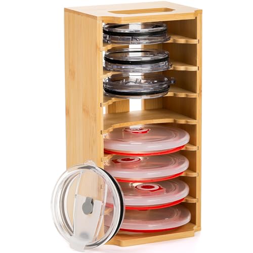 ZEAYEA 8 Tier Tumbler Lid Organizer, Adjustable Bamboo Cup Lid Organizer, Water Bottle Lid Storage Holder for Kitchen Countertop Cabinet Cupboard Organization