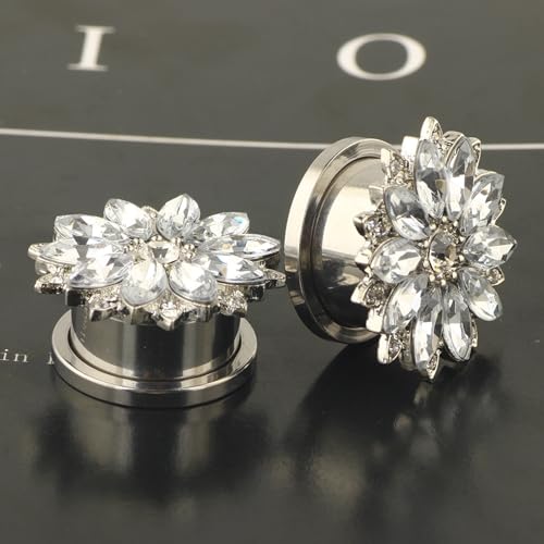 Tunnels Gauges, 2PCS Stainless Steel Tunnel Set Flower with Cubic Zirconia Ear Gauges 00G Ear Piercing Jewelry4