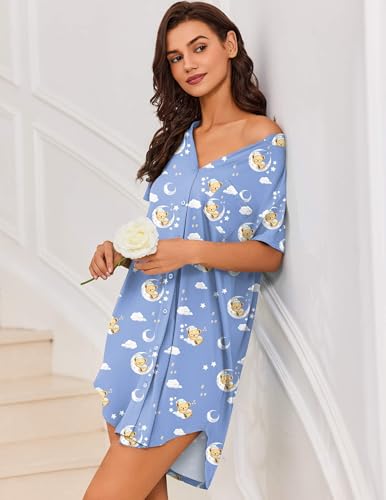 Image of Ekouaer Women V Neck Button Down Nightgown