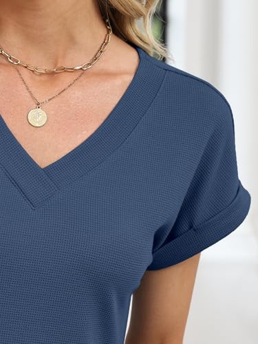 ANRABESS Womens Waffle Knit Tops 2026 Summer Casual Short Sleeve V Neck T Shirts Basic Work Tee Spring Vacation Blouses Navy Blue X-Large — view 5