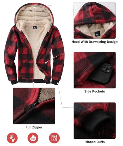 Image of Mens Plaid Hoodies Winter Zip Up Fleece Jacket Sherpa Fleece Lined Warm Flannel Jacket Coat