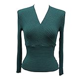 YiZYiF Damen Frauen Pullover V-Ausschnitt Strickpullover Weiche Warme Rippenpullover Langarm Strick Top Strickoberteile Wickelpullover Einfarbig Grün OneSize