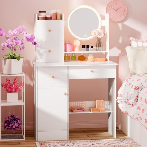 Mesa de tocador de maquillaje con espejo redondo iluminado LED, tocador de 4 cajones, brillo ajustable, elegante mueble de dormitorio con estantes abiertos y armario