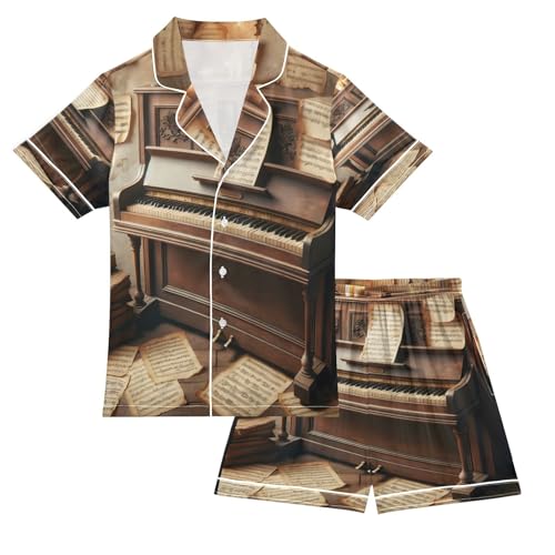 ALAZA Piano Vintage Music 3d Satin Pajamas Set Short Sleeve Button Down Sleepwear Summer Pjs 2 Piece