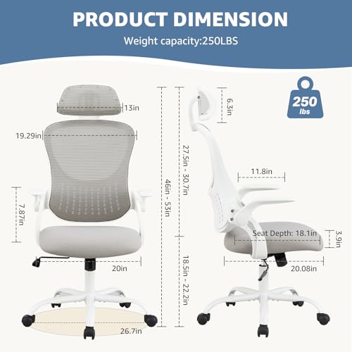Image of DUMOS Ergonomic Office Chair - High Back Mesh Computer Chair with Lumbar Support, Headrest, Flip-up Arms, and Swivel Wheels - Comfortable Gaming & Desk Chair for Home Bedroom Office,Grey