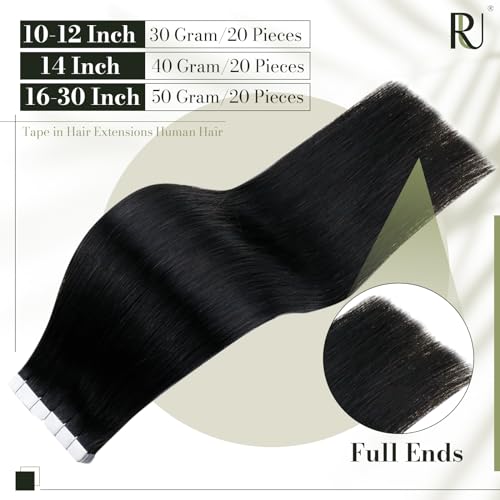 RUNATURE Black Tape in Hair Extensions Human Hair Long 28 Inch Tape Hair Extensions Real Human Hair Jet Black for Women Remy Hair Invisible Tapes 50g 20pcs #1 - Image 3