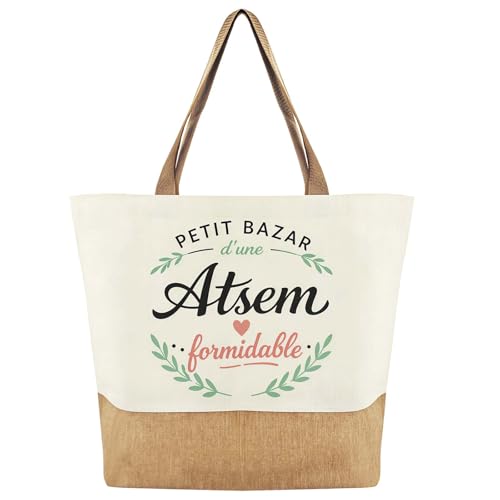 AHEZQILU Cadeau Atsem Tote Bag Message Petit Bazar D'une Atsem Formidable Sac Cabas Toile Grande Capacité Maternelle Merci Fin D’Année Anniversaire Noël Idée Assistante École,Cadeau Maitresse D'École