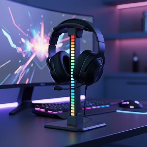 RGB Headphone Stand with Ambient Pickup Light, Gaming Headset Holder with 18 Lighting Modes & 2 Dynamic Effects, Plug-in RGB Sound Reactive Desk Headphone Display Stand, Black