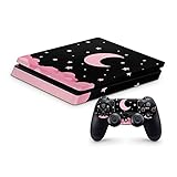 ZOOMHITSKINS Compatible with PS4 Slim Skin, Black Pink Moon Star Sky Anime Kawaii Cute, Durable & Fit, 3M Vinyl, Made in The USA