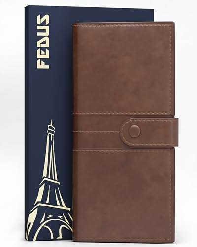 Image of FEDUS D-Brown Leather Premium Long Currency Holder,Unisex Passport Holder,Wallet with Card Holder, ID Card,Ticket, Currency,Boarding Pass Slots RFID Protected Travel Accessories Organiser,Faux Leather