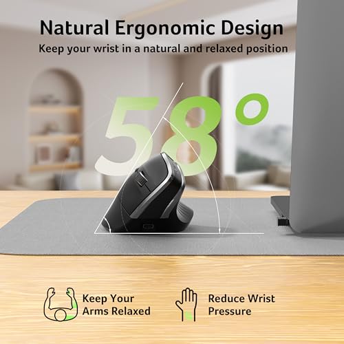 acer Ergonomic Wireless Mouse, Vertical Computer Mouse for Office, Rechargeable Optical Ergo Mice for Right Hand, 2.4GHz USB Receiver, 800/1200/1600 DPI, 6 Buttons for Laptop, PC, Desktop, iMac