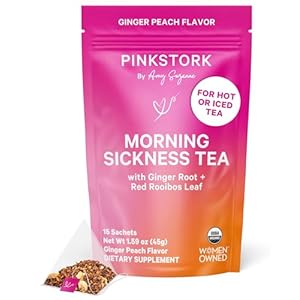 Pink Stork Organic Morning Sickness Pregnancy Tea – Hot or Iced Tea – Prenatal Heartburn, Indigestion, and Constipation Support – 1st Trimester Pregnancy Must Haves – Ginger Peach, 15 Sachets