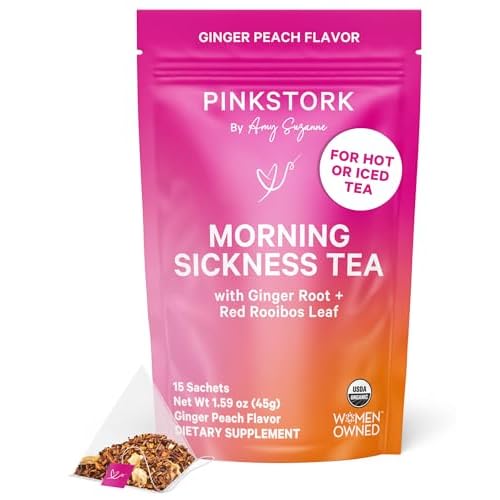 Pink Stork Organic Morning Sickness Pregnancy Tea – Hot or Iced Tea – Prenatal Heartburn, Indigestion, and Constipation Support – 1st Trimester Pregnancy Must Haves – Ginger Peach, 15 Sachets