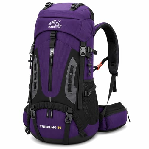 Bless Star Mochila de Trekking 60 Litros, para Camping, Trilha e Viagem, com Capa de Chuva, Masculina e Feminina (Roxo)