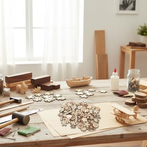 100 PCS Unfinished Wooden, Flower Wood Slice Leaf Pattern Cutouts, Mini Craft Wood Pieces for DIY Handmade Decoration, Craft Supplies