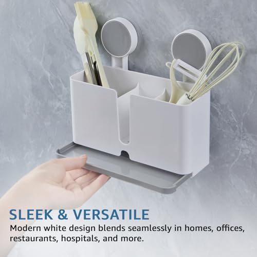 Image of Amazon Basics Toothbrush and Bathroom Organiser | Wall-Mounted | Self-Adhesive with Drain Tray | White | Plastic | 21L x 8W x 19H cm