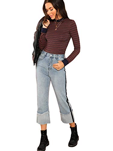 SheIn Women's Casual Mock Neck Striped Tee Tops Long Sleeve Slim Fit T-Shirts Small Multicolor