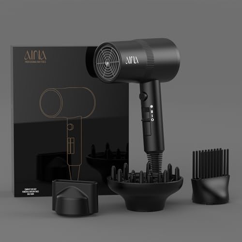 Image of AINA Hair Dryer with Diffuser,Comb Full-Featured Blow Dryer 110V(Black) | 3 Heat /2 Speed;Cold shut button;Lightweight;Compact Size;High Temp;Low Airflow;Same Results;Less Expense