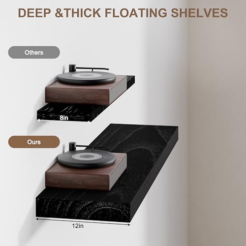 Image of 48 Inch Extra Long Floating Shelves, Set of 2 Deep Floating Shelves 12in Depth, Floating Shelves Long Heavy Duty Wood Shelves for Wall, Solid Wood Sleek Black