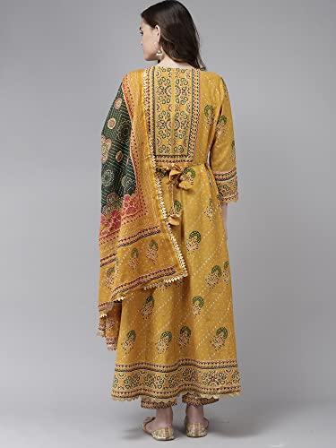 Image of INDO ERA Women's Embroidered Cotton Blend Anarkali Kurta With Pant & Dupatta Set (RRRRR8108)