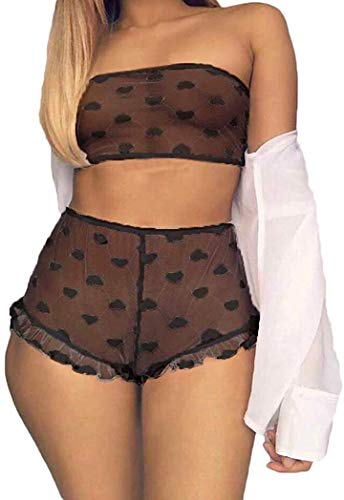REDWOON Women Sexy Lace Lingerie Nightwear Two Piece Babydoll Bra Panty Underwear Set (Style_2 Black, XXXL)