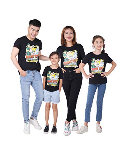 M.D.K Short Sleeve Thank You Quote Bold Cartoon Comic Graphic Print Toddler Teen Tween Big Little Boy Girl Child Kid Dad Mom Top Tee Matching Family Team Casual T-Shirt, Black XX-Large (14-15 Years)