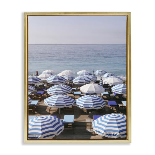'Beach Umbrellas Clear Summer Sky'| Floating Frame Canvas Art