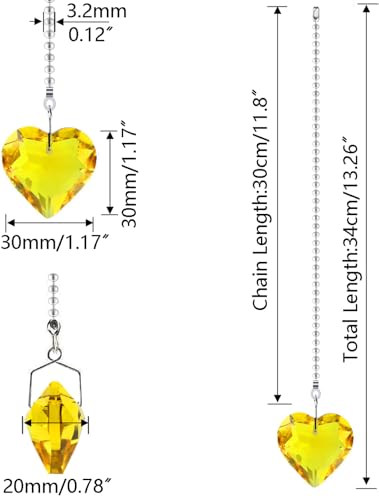 Image of 2Pcs Crystal Ceiling Fan Pull Chain Extender with Connector, 12 inch | K9 Crystal Glass, Not Acrylic, Heart Prism, Cut-To-Length Adjustable, Snap-On Connector For Fan, Light, Lamp (Yellow)
