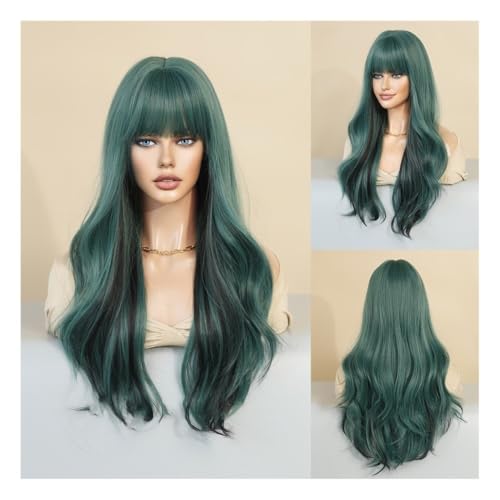 Perruque cheveux humains bouclés avec frange méchée vert et noir pour femme style européen