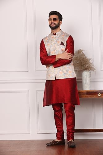 Image of Kurta With Churidar & Multicolor Nehru jacket Set