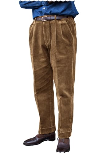 Men's Iron Free Corduroy Pants Classic Fit Pleated Front Expandable Waist Casual Trousers for Party
