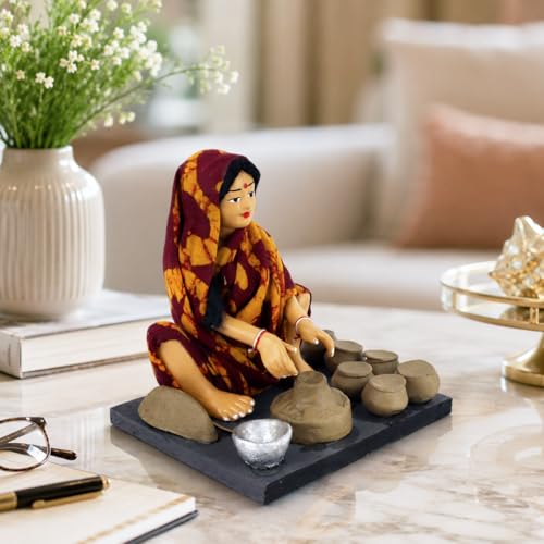Image of Krishnanagar Handmade Clay Woman Potter Miniature Idol | Basic Terracotta Sitting Human Figurine | Traditional Indian Home Decor & Gift Showpiece