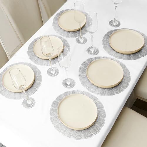 Marco Paul Extra Large Silver Placemats And Coasters 12pc Set - Washable Christmas Placemats - Non Slip Round Woven Place Mats for Table - Heat Resistant Table Mats for Kitchen Dining Tables