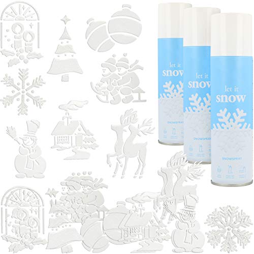 COM-FOUR® 3X Schneespray mit Sprühschablonen - Fensterbilder Weihnachten - Fensterdeko mit weihnachtlichen Motiven - Dekoratives Kunstschneespray mit Schablonen (03 Stück - 150ml + 8 Schablonen)