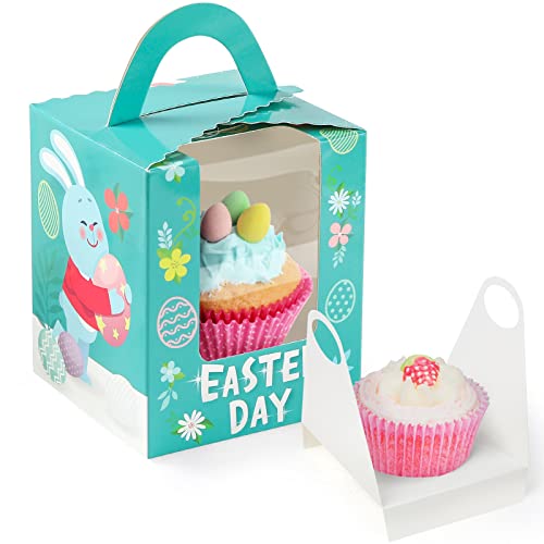 VGOODALL Easter Cupcake Boxes, 30 pcs Single Cupcake Carrier with Window Insert and Handle Pastry Containers Muffins Cupcake Carriers egg Containers for Bakery Wrapping Party Favor Packing