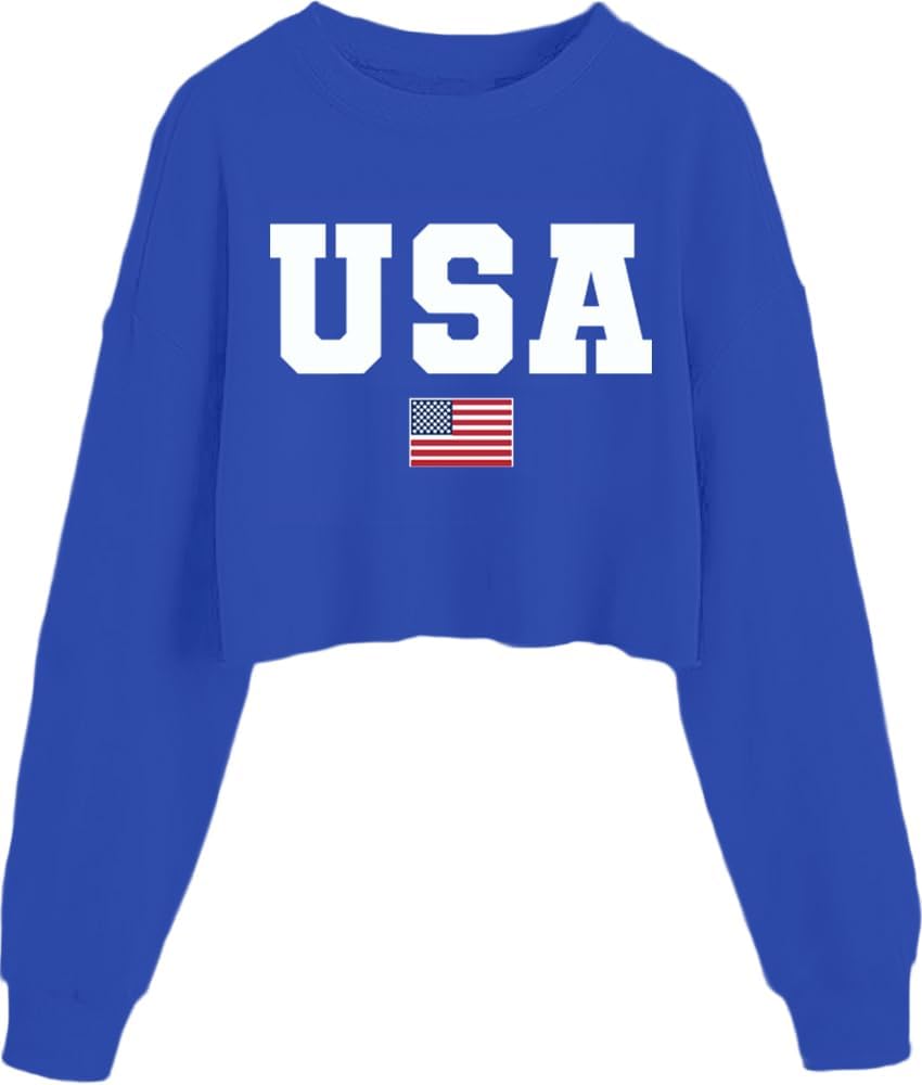Womens USA Long Sleeve Crop Top American Flag Pullover Shirt 4th of July