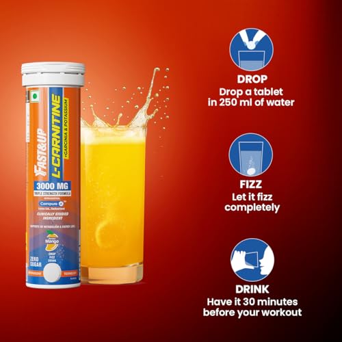 Image of Fast&Up L Carnitine 3000mg Effervescent Tablets | Triple Action L Carnitine Supplement with Garcinia Cambogia & Potassium | Fat Burner for Weight Loss | Controls Cravings I Reduces Bloating I Mango Flavour, Pack of 2