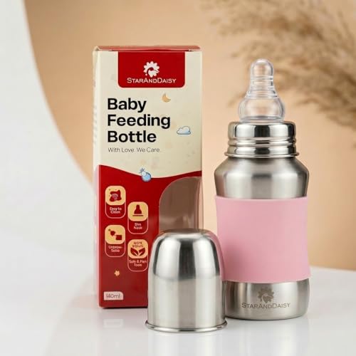 Image of StarAndDaisy Baby Milk Bottle for new Born /Infant /Toddler 140 ML SUS 304 Steel Baby Feeding Bottle for 0+ Months, BPA Free Leakproof, Anti Colic, Easy to Clean -Pink
