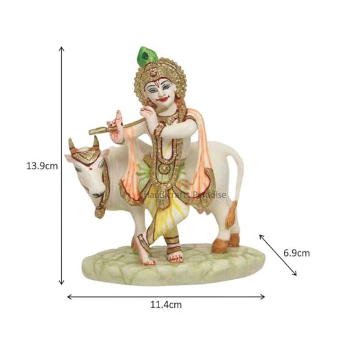 Image of Handicrafts Paradise Culture Marble Hand Painted Krishna with Cow Intricately Carved Showpiece for Home Decor and Puja - 5.5 Inch, Fantasy, Multicolor