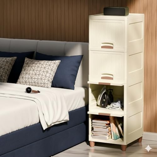 Image of Multi-Purpose Organizer | Modular Storage Box for Clothes, Kitchen, Bedroom & Living Room | Stackable Rack, Space-Saving Wardrobe Cabinet (Off White), 4 Piece, 33LX38WX107H cm Living Room Stackable