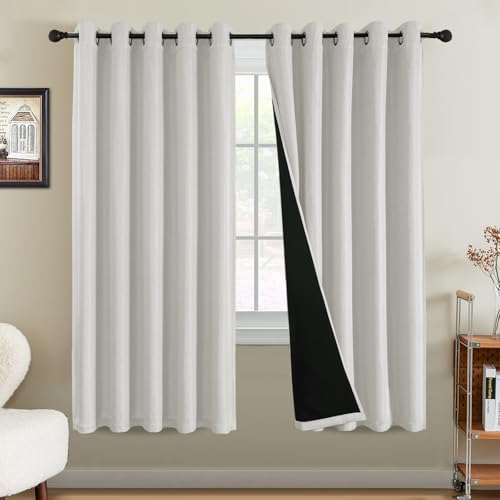 BellaHills 100% Blackout Curtains for Bedroom Thermal Faux Linen Curtain for Living Room Burlap Textured Eyelet Curtains & Drapes, 2 Panels, 66 x 72 Inch, Heather Ivory