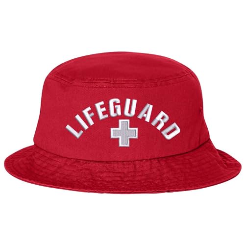 Red Lifeguard + Bucket Hat - Unisex Sun Protection Embroidered Logo Uniform Safety Cap for Men & Women
