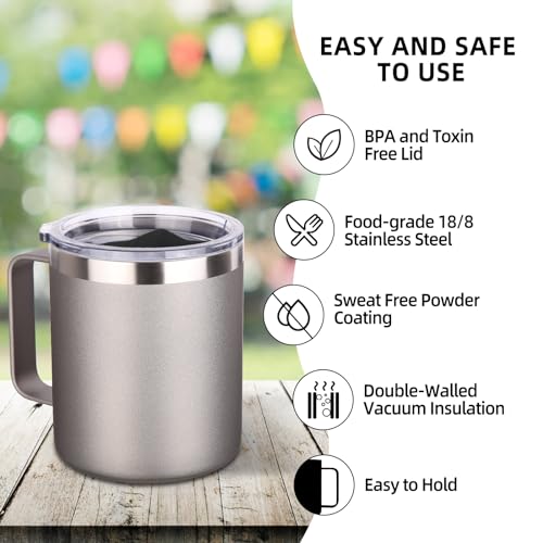 Volhoply 14oz Insulated Stainless Steel Coffee Mug with Lid Bulk 2 Pack,Double Wall Vacuum Travel Coffee Cup with Handle,Reusable Metal Tumbler,Camping Mugs Keep Hot,Christmas Gifts(Gray,2) - Image 4