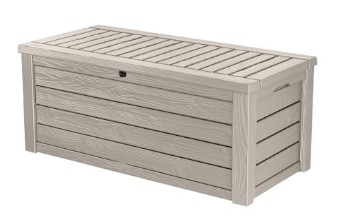 Keter Westwood 150 Gallon Resin Large Outdoor Storage Box for Patio Furniture, Outdoor Cushions, Garden Tools and Pool Floats, Beige