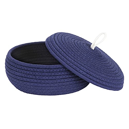 Sea Team Round Woven Cotton Rope Storage Basket with Lid, Navy