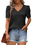XIEERDUO V Neck T Shirts for Women Summer Tops Ruched Short Sleeve Black Blouse L